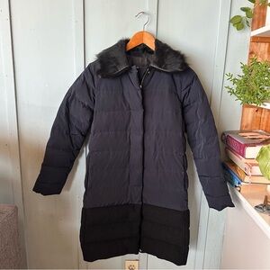 Club Monaco Navy and Black Down Puffer Jacket Coat with Lamb 100% Fur Collar